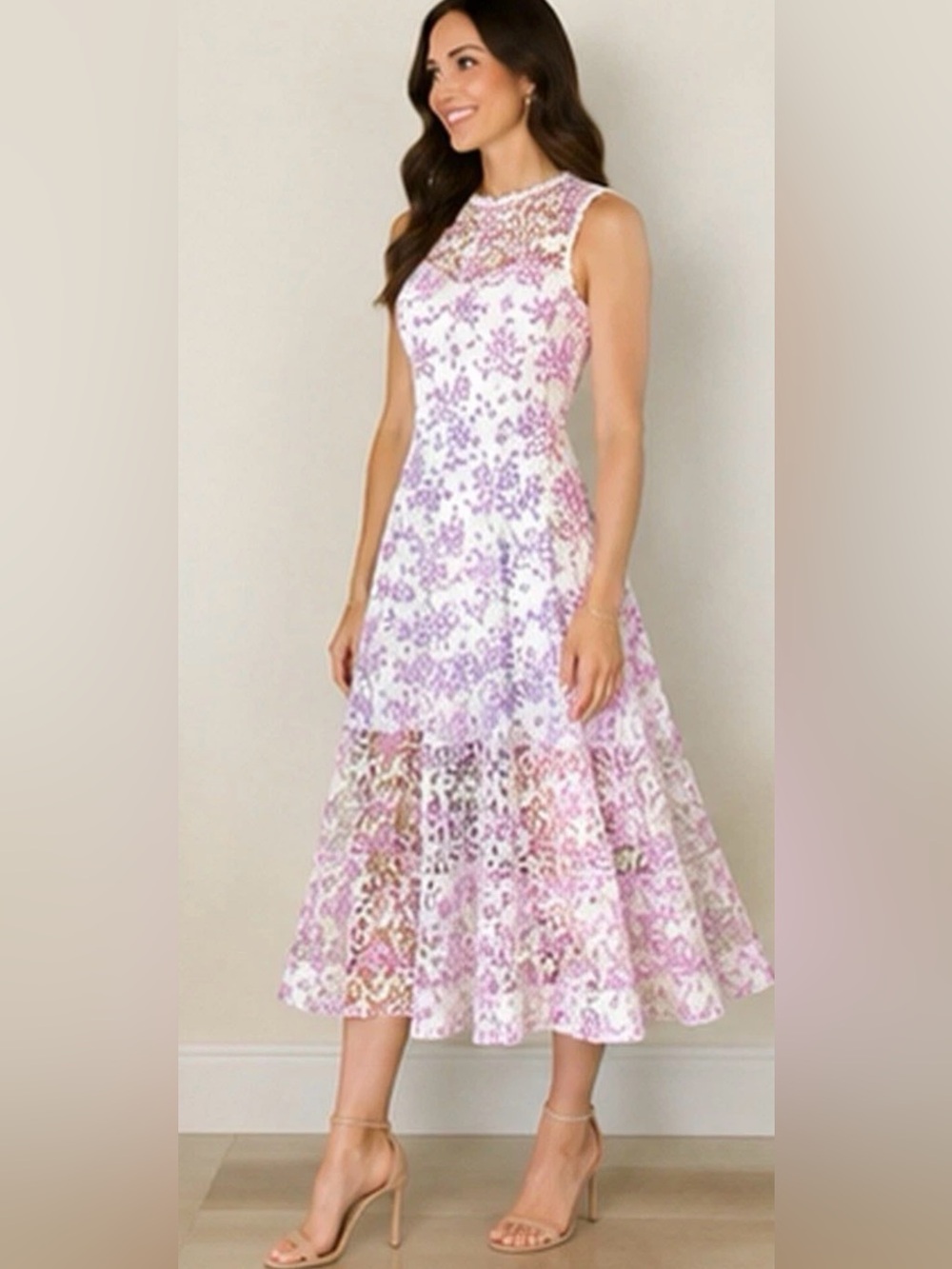Monique Lhuillier Lilac Lace Floral Sheer Hem Midi Dress in Lavender H13